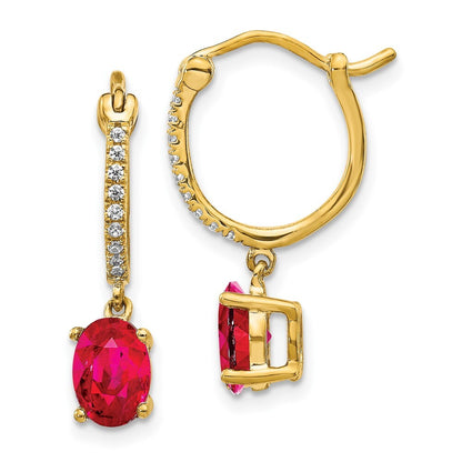 14k Yellow Gold 1/10ct Diamond and Ruby Dangle Hoop Earrings