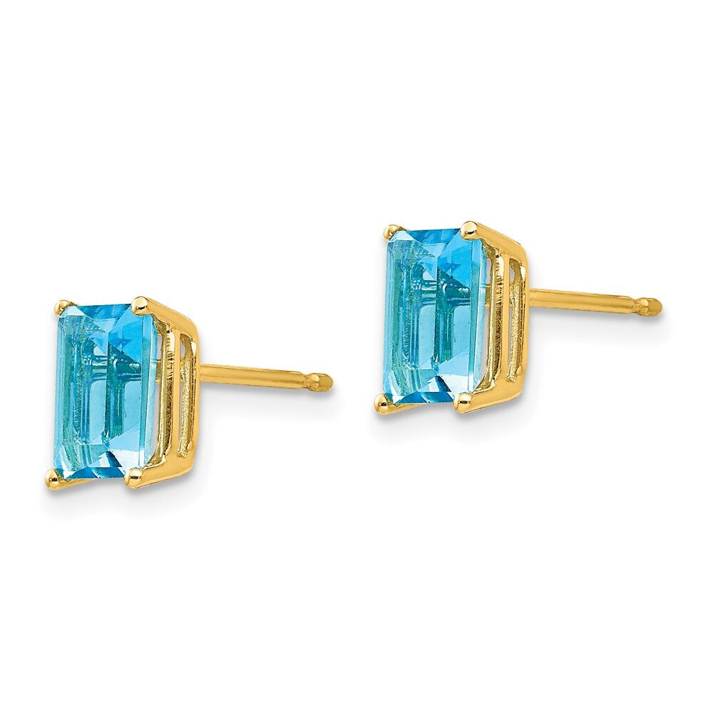 14k Yellow Gold 7x5mm Emerald Cut Blue Topaz Stud Earrings Gift for Women