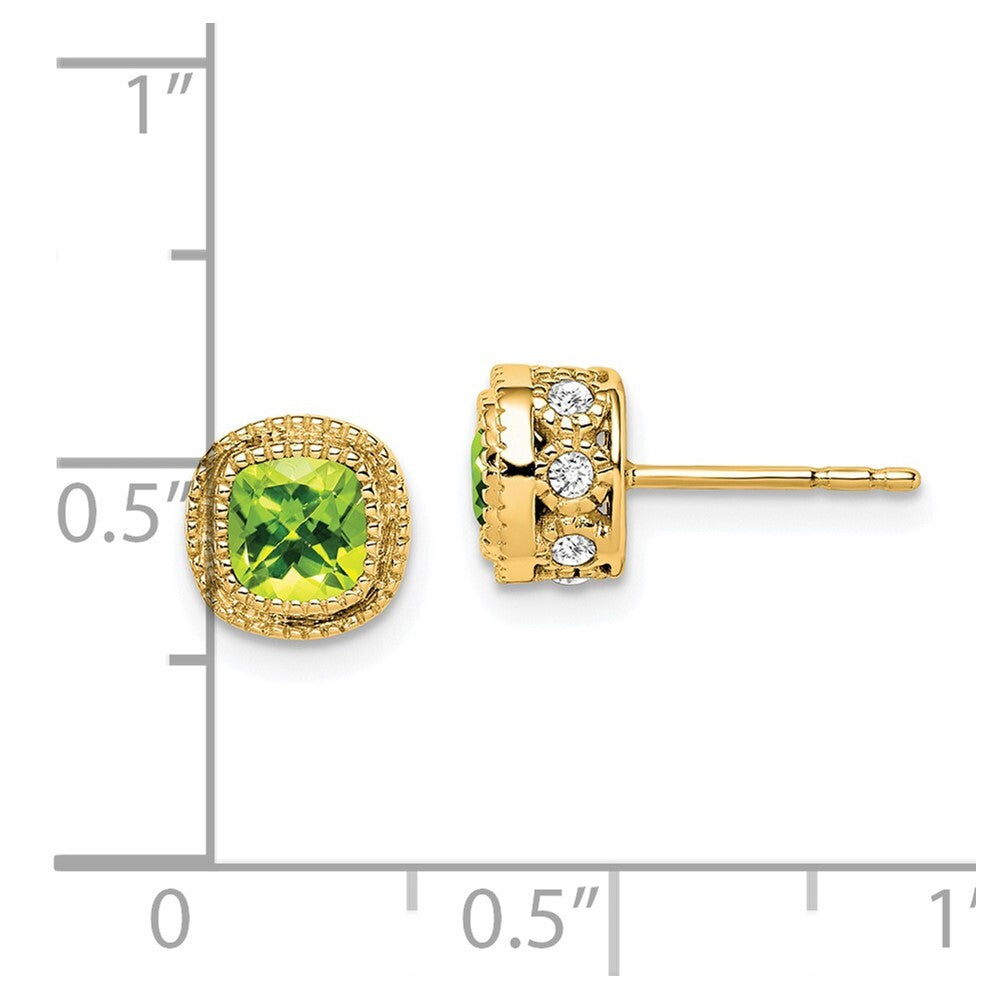 14k Yellow Gold Cushion Peridot and Diamond Stud Earrings