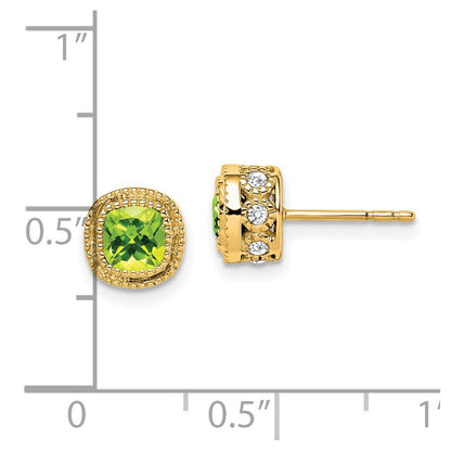 14k Yellow Gold Cushion Peridot and Diamond Stud Earrings
