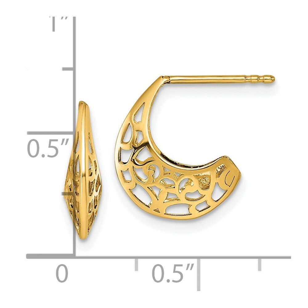 14k Yellow Gold Polished Fancy Cut Out Design J-Hoop Earrings Gift for Women
