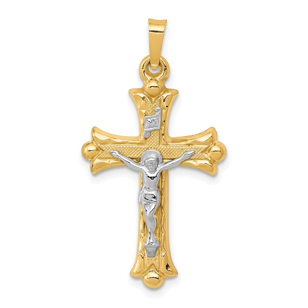 14k Two-tone Gold Textured and Polished INRI Crucifix Cross Pendant