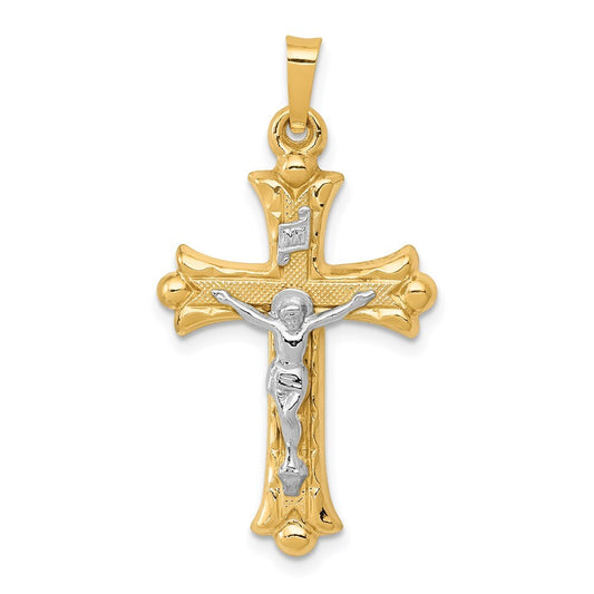 14k Two-tone Gold Textured and Polished INRI Crucifix Cross Pendant