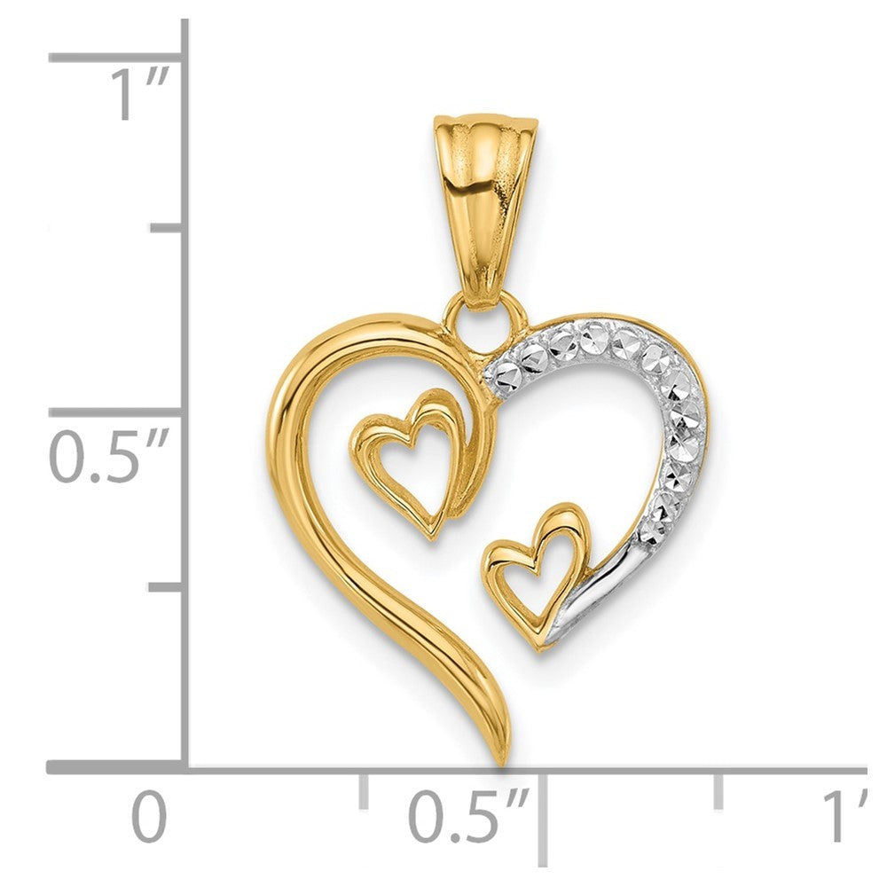 14k Yellow Gold with White Rhodium Diamond-cut Open Hearts Pendant