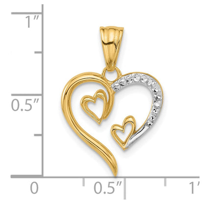 14k Yellow Gold with White Rhodium Diamond-cut Open Hearts Pendant