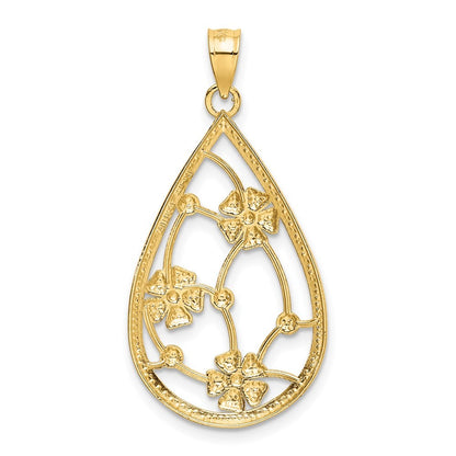 14k Yellow Gold w White Rhodium Flowers In Teardrop Frame Charm