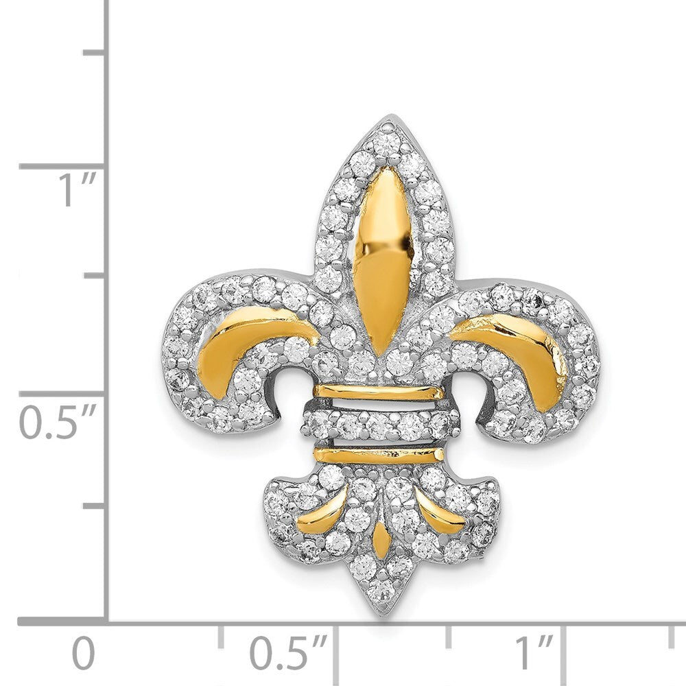 Sterling Silver Cubic Zirconia Fleur de Lis Gold-Plated Chain Slide Pendant