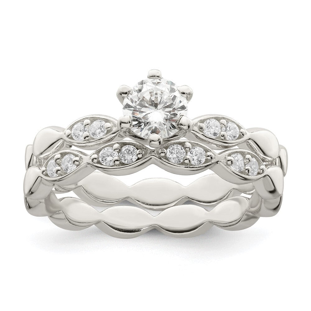 Sterling Silver Polished CZ Wedding Ring Set Size 6