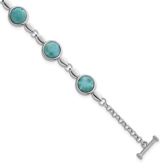 Sterling Silver Rhodium-plated Fancy Round Larimar Cabochon 8" Toggle Bracelet