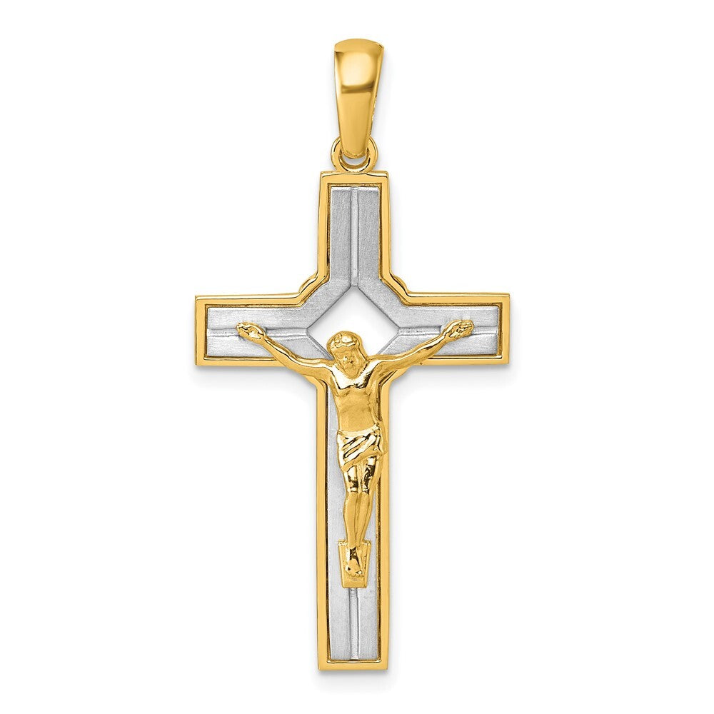 14k Two-tone Gold  Polished and Satin Crucifix With Square Cut Out Pendant