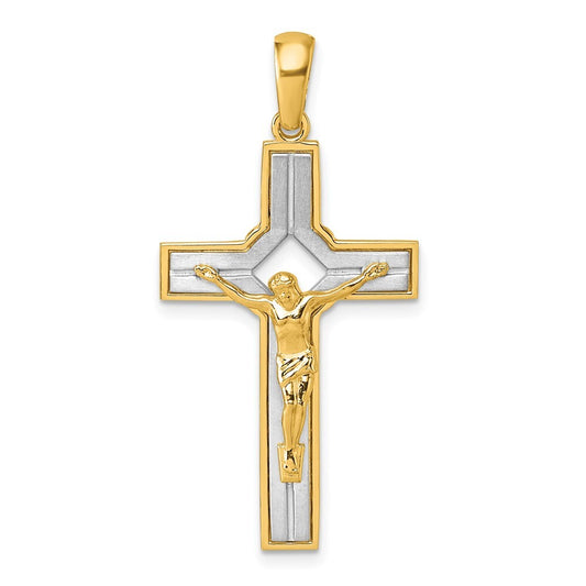 14k Two-tone Gold  Polished and Satin Crucifix With Square Cut Out Pendant