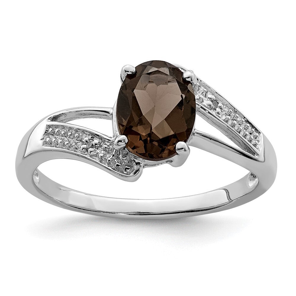 Sterling Silver Rhodium Smoky Quartz & Diamond Ring Size 8