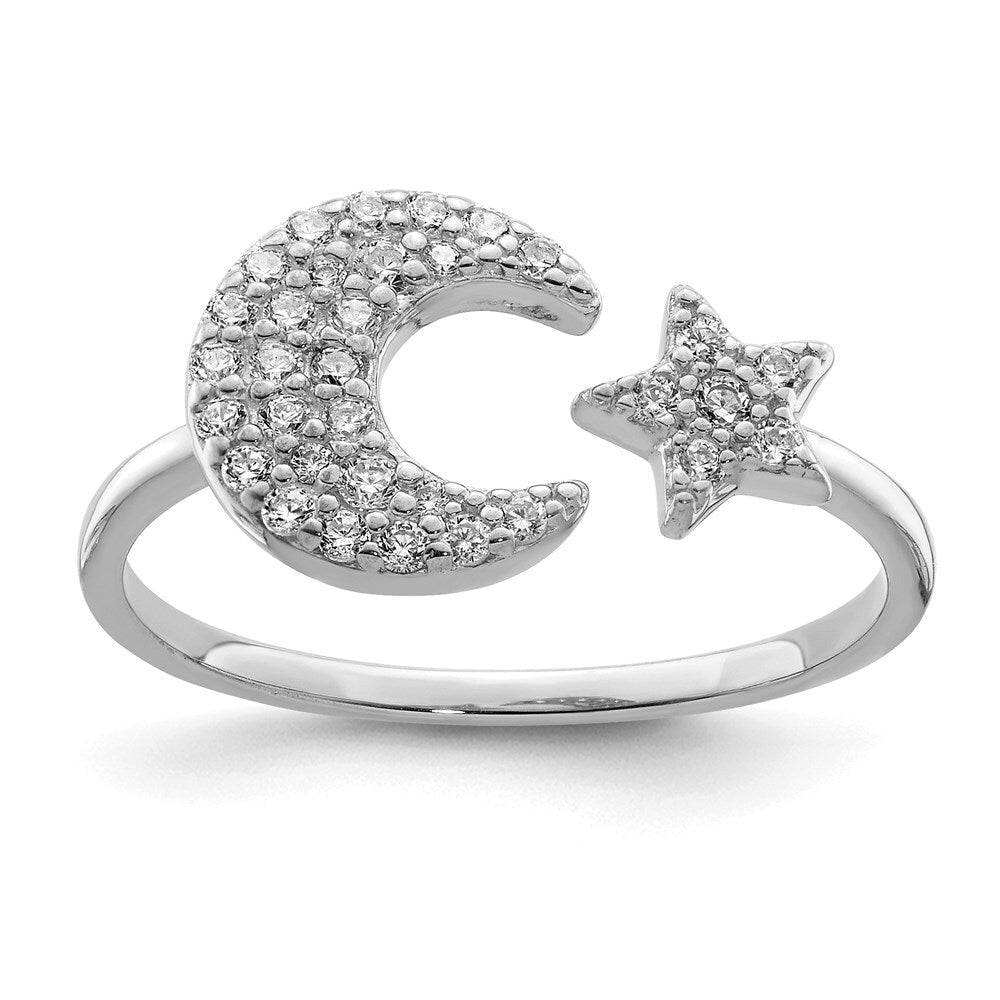 Sterling Silver Rhodium Plated Cubic Zirconia Star & Moon Ring Size 8