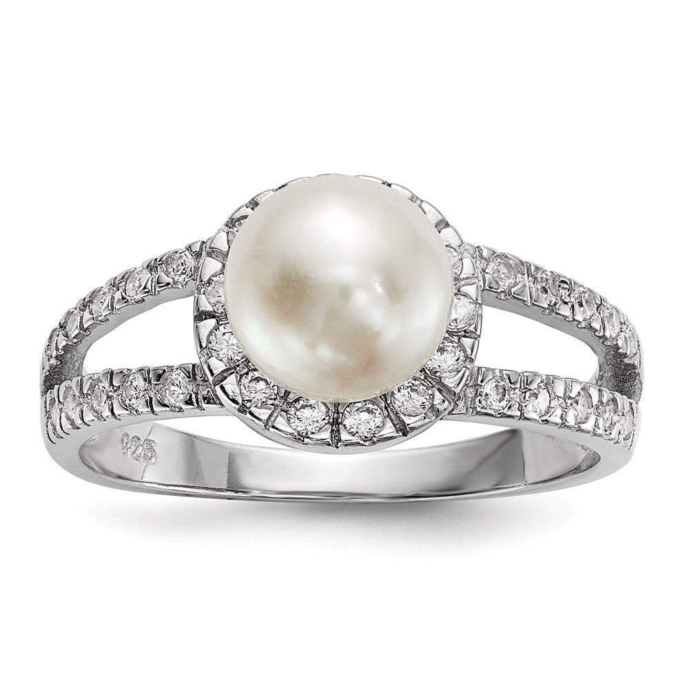 Sterling Silver 7-8mm White Button Freshwater Cultured Pearl and CZ Ring