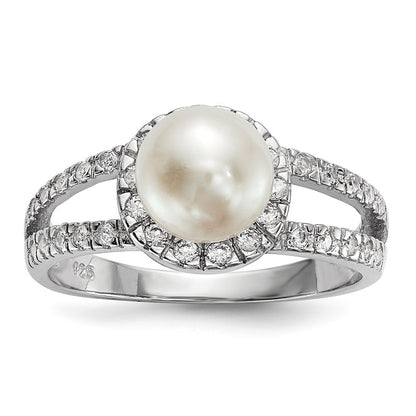 Sterling Silver 7-8mm White Button Freshwater Cultured Pearl and CZ Ring
