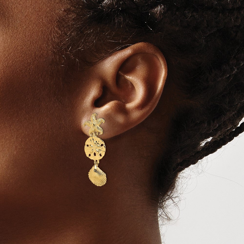 14k Yellow Gold D/C Starfish, Shell ,Sand Dollar Dangle Earrings
