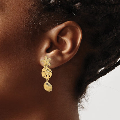 14k Yellow Gold D/C Starfish, Shell ,Sand Dollar Dangle Earrings