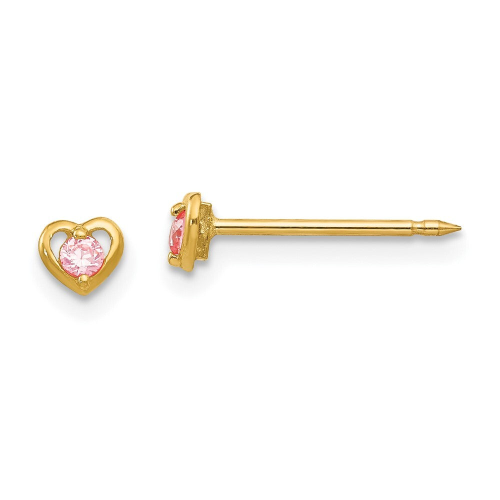 14k Yellow Gold Heart Pink Cubic Zirconia Stud Earrings Gift for Women