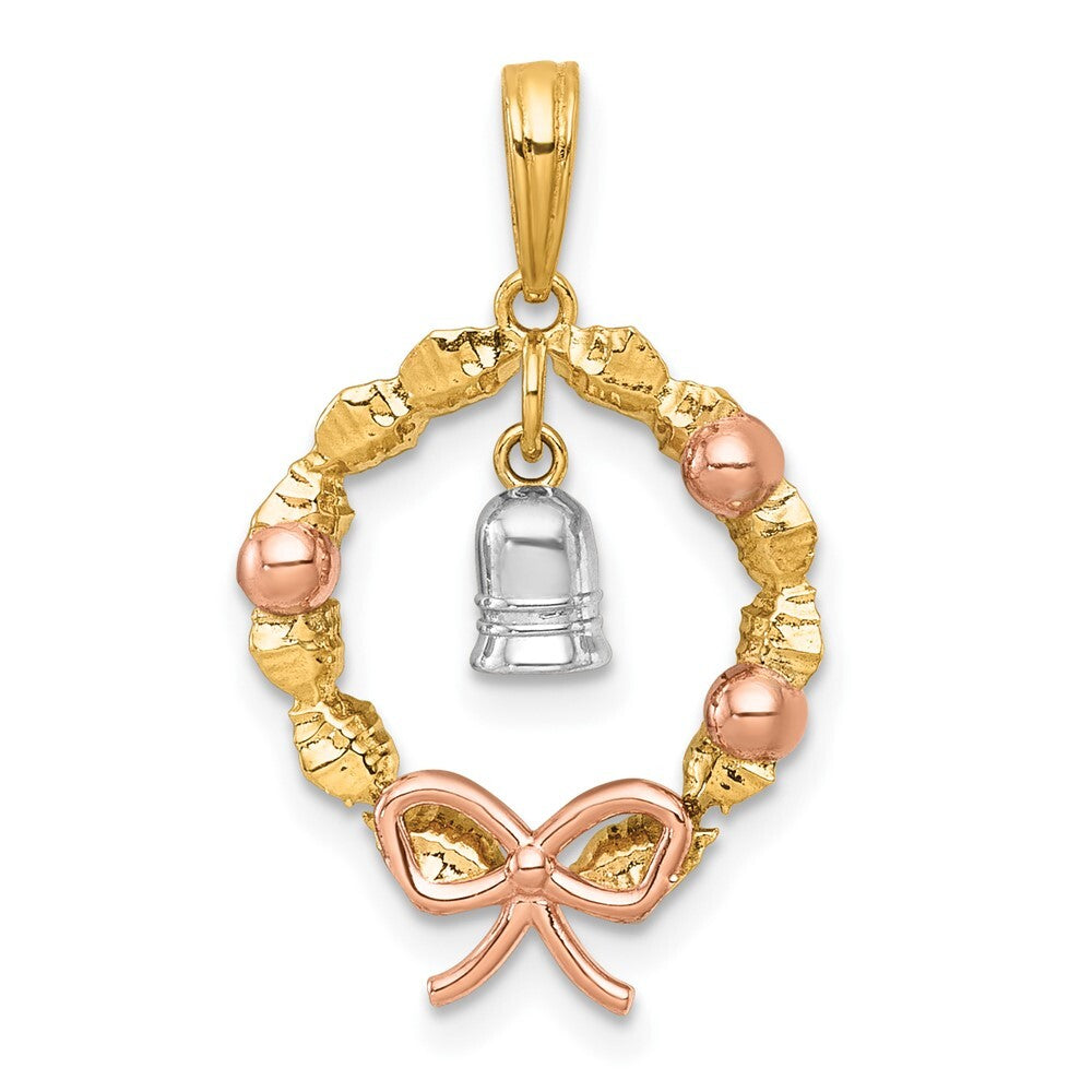 14k Two-tone Gold  with Rose-plating Polished Wreath With Bell Charm Pendant