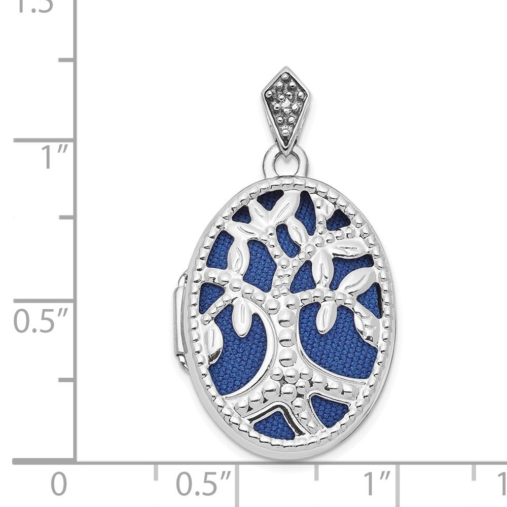 14k White Gold Diamond Tree 23mm Blue Fabric Locket Pendant for Women