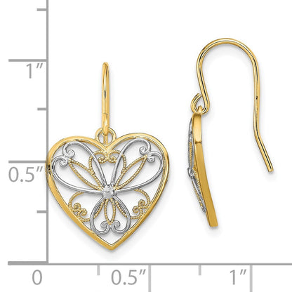 14k Yellow Gold Rhodium Polished Filigree Heart Shepherd Hook Stud Earrings