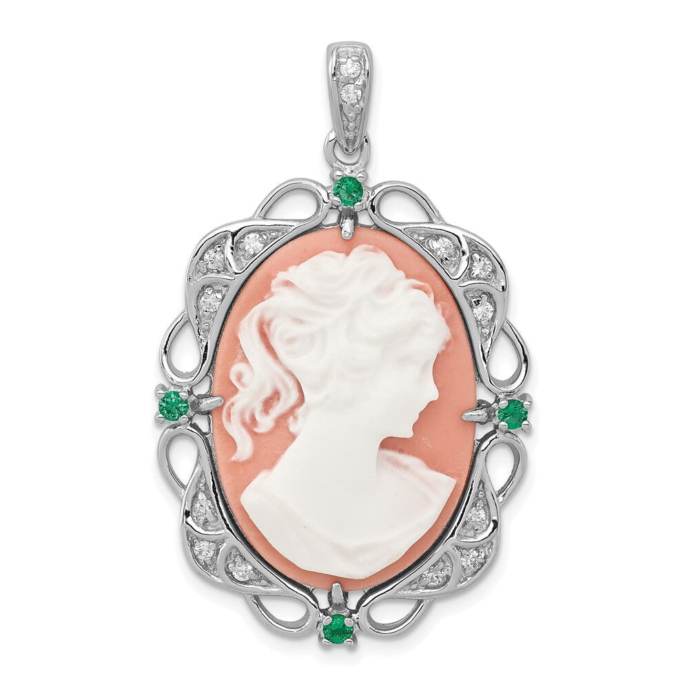 Sterling Silver Filigree Frame Green Glass with CZ Plastic Lady Cameo Pendant