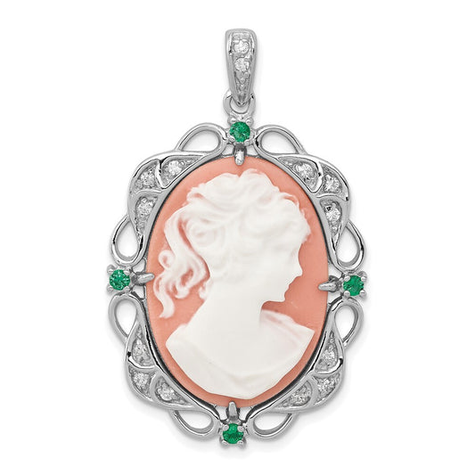 Sterling Silver Filigree Frame Green Glass with CZ Plastic Lady Cameo Pendant