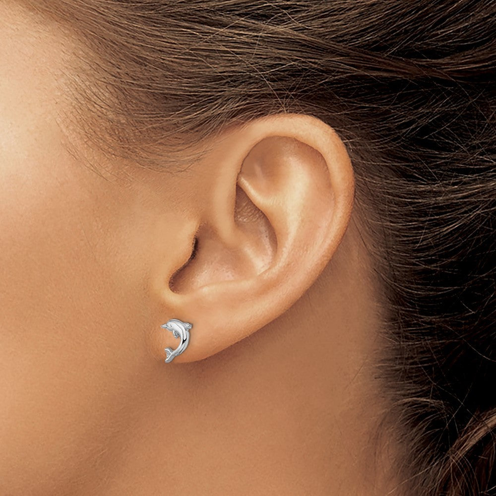 14K White Gold Mini Jumping Dolphin Earrings