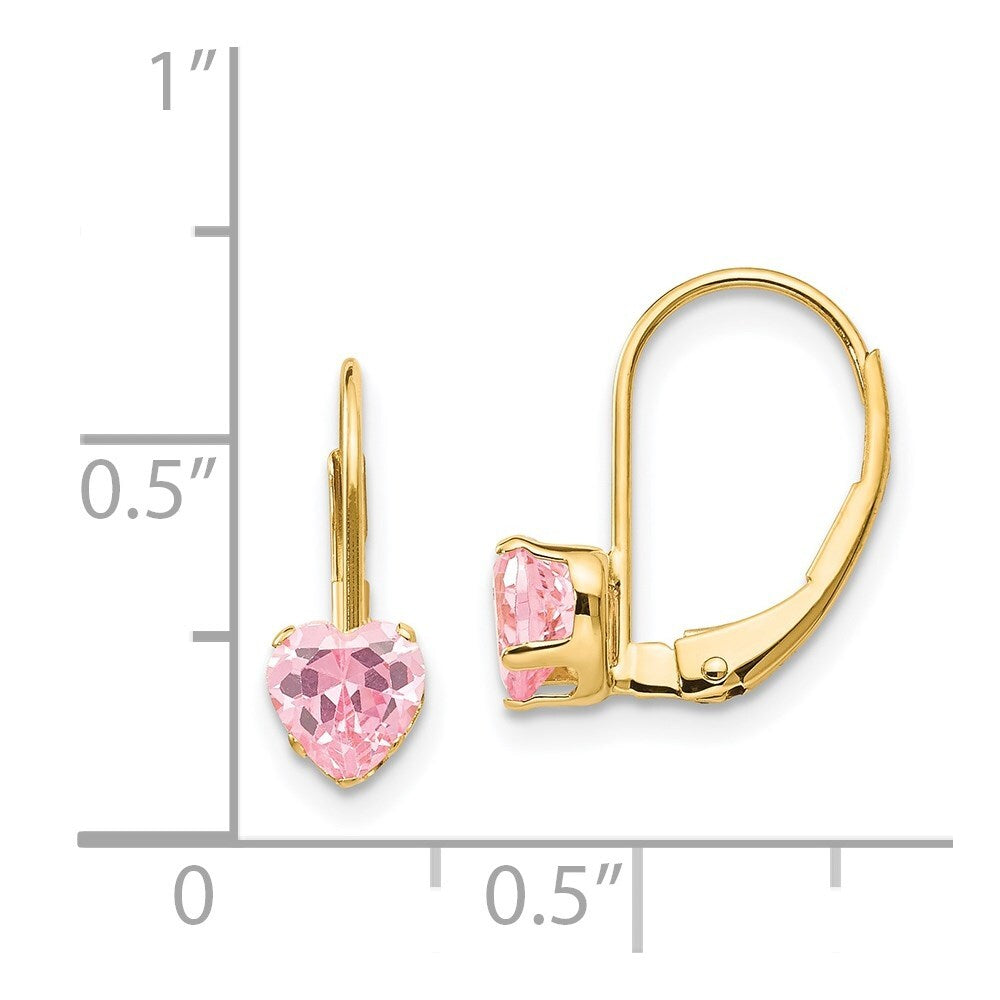 14k Yellow Gold Pink Cubic Zirconia Heart Leverback Earrings Gift for Women