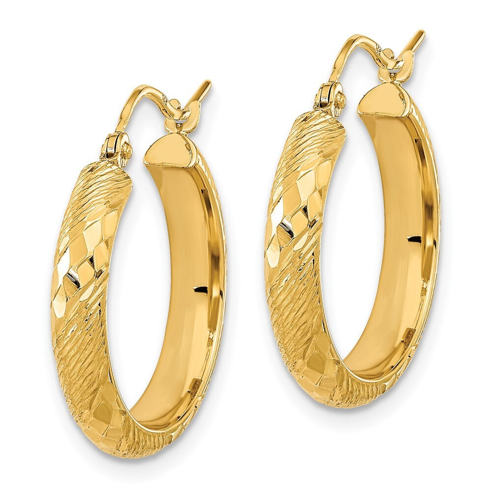 14k Yellow Gold Polished and Textured Diamond-Cut Fancy Pattern Hoop Earrings
