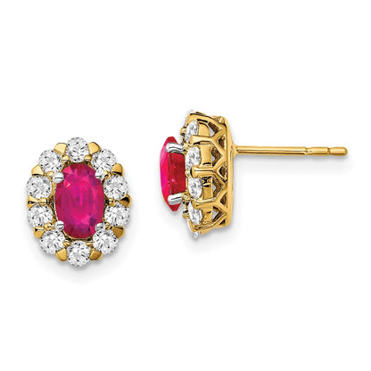 14k Yellow Gold Oval Ruby and Diamond Halo Stud Earrings
