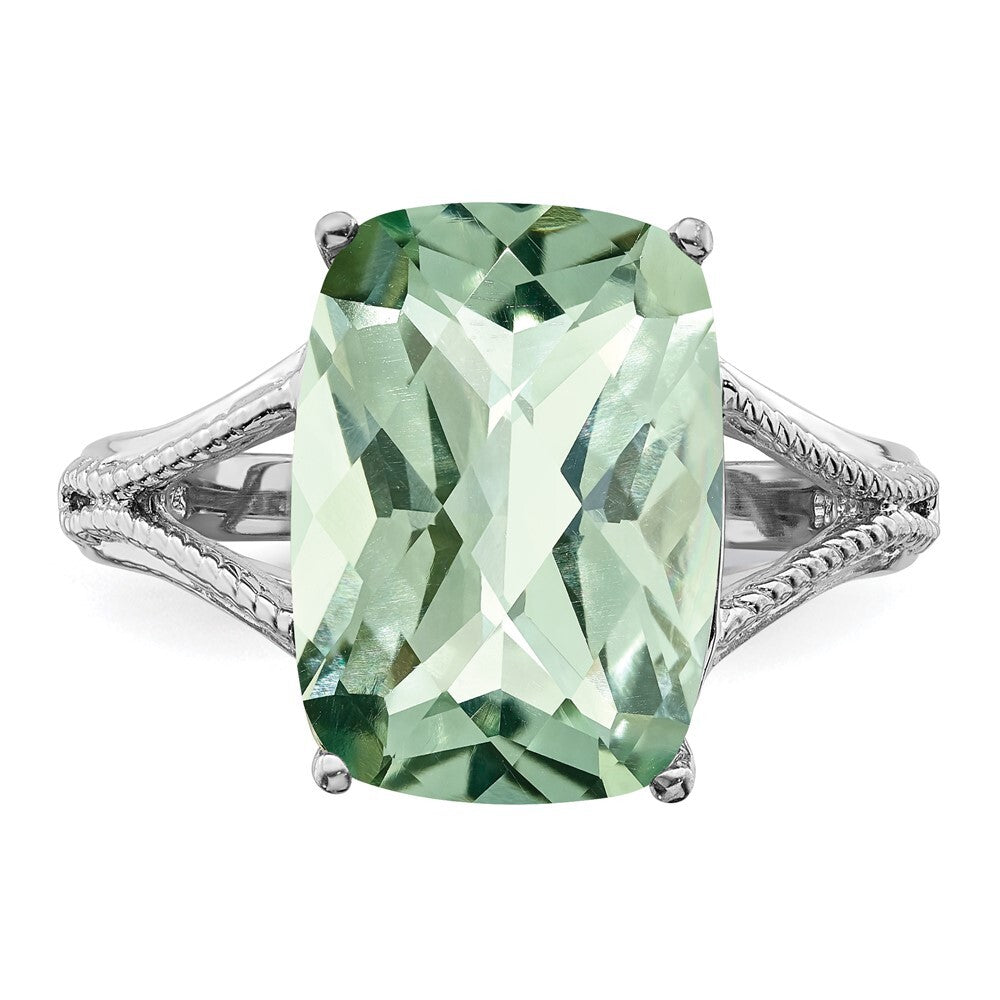 Sterling Silver Rhodium Checker-Cut Green Quartz Ring Size 7