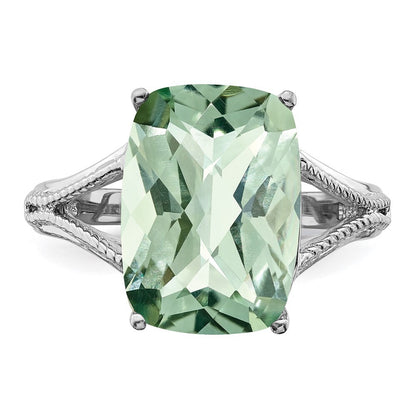 Sterling Silver Rhodium Checker-Cut Green Quartz Ring Size 7