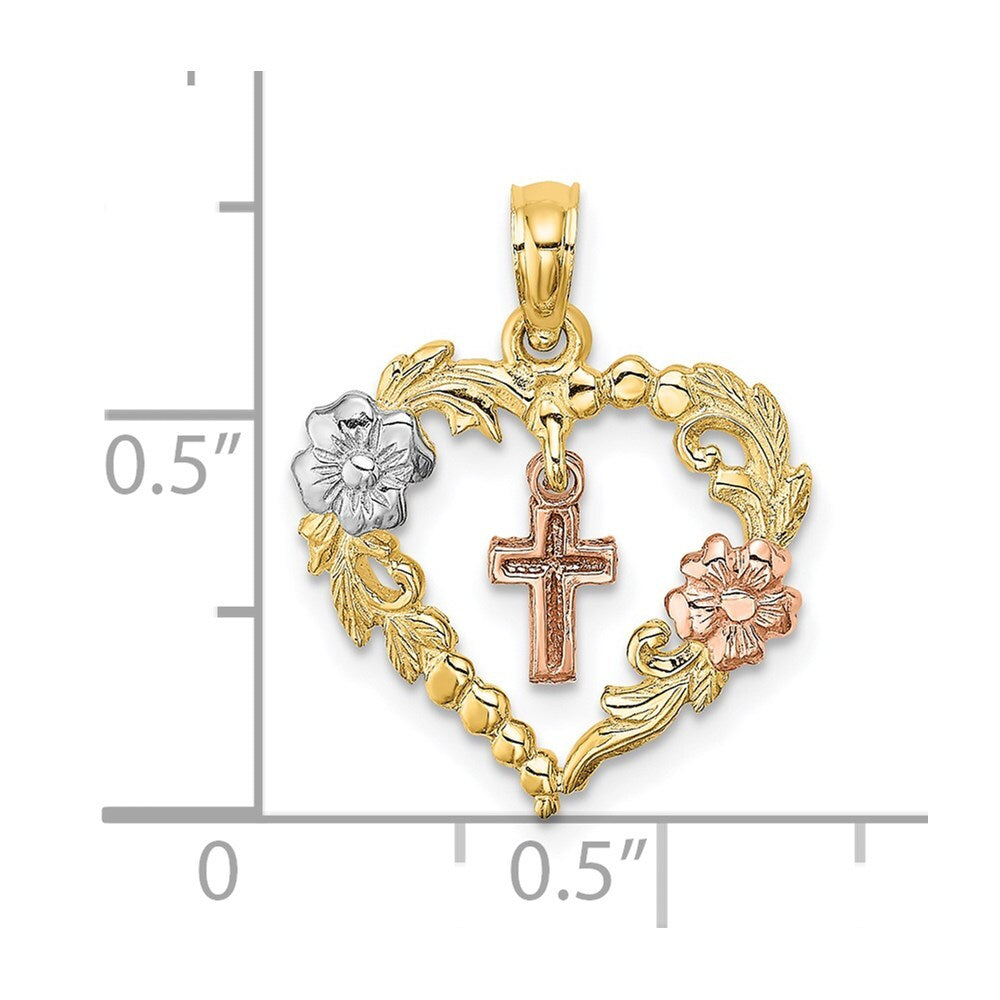 14k Two-tone Gold  White Rhodium Heart Cross and Flowers Charm Pendant