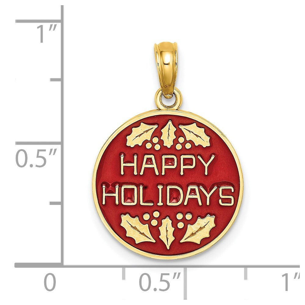 14k Yellow Gold  Enamel HAPPY HOLIDAYS  Holly On Round Disc Charm Pendant
