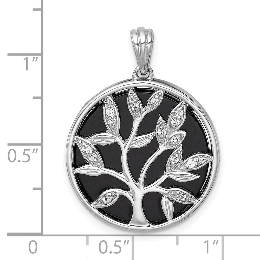 Sterling Silver Polished Onyx Circle and Cubic Zirconia Tree of Life Pendant