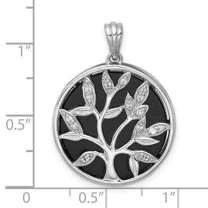 Sterling Silver Polished Onyx Circle and Cubic Zirconia Tree of Life Pendant