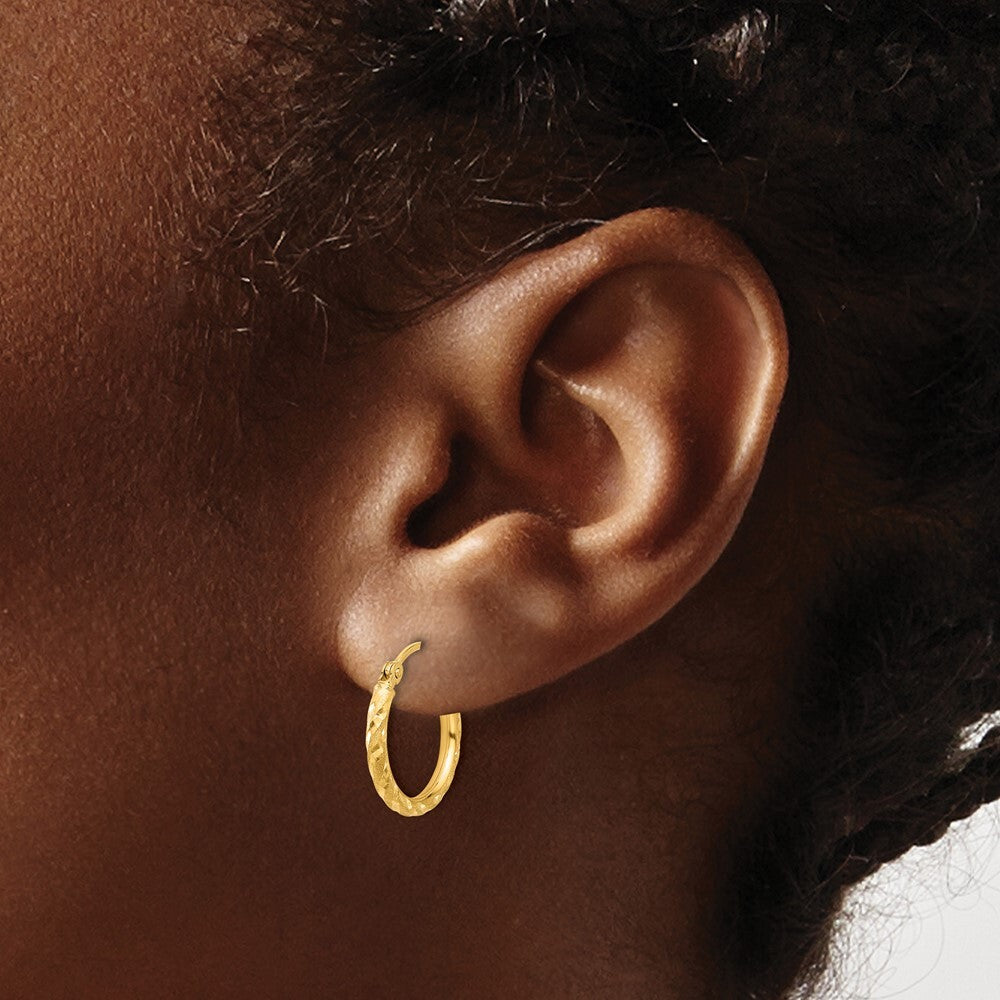 14k Yellow Gold Polished and Satin Diamond-Cut 2.00mm Hoop Earrings