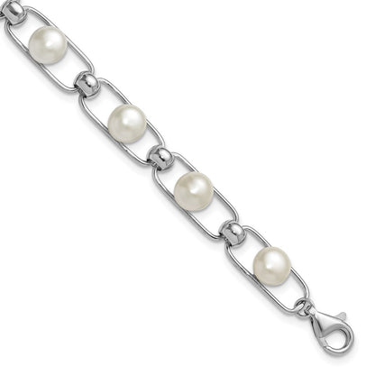 Sterling Silver Rhodium-plated 6mm Button Cultured Pearl Bracelet 6.5" w/ 1" Ext