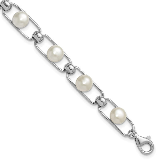 Sterling Silver Rhodium-plated 6mm Button Cultured Pearl Bracelet 6.5" w/ 1" Ext