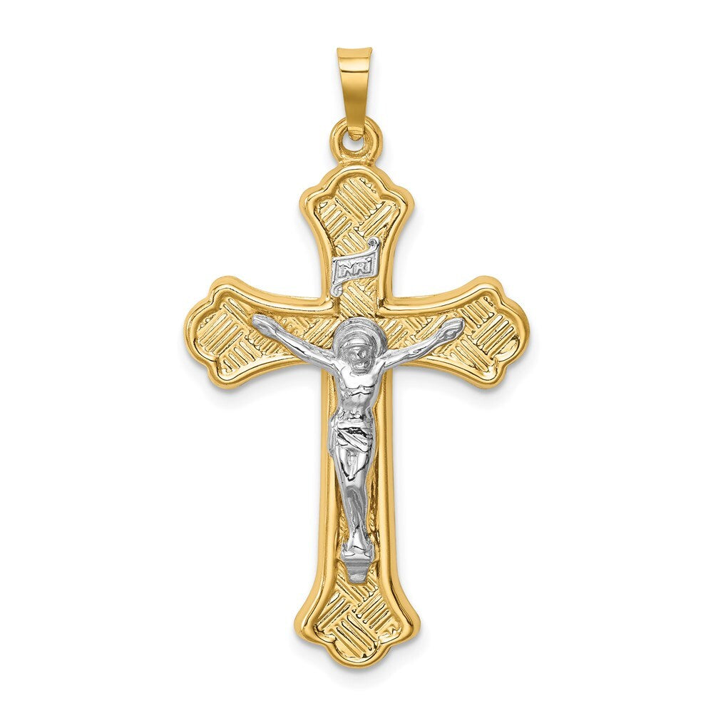 14k Two-tone Gold Hollow Polished Woven Fleur de Lis Crucifix Pendant