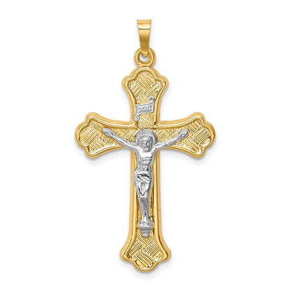14k Two-tone Gold Hollow Polished Woven Fleur de Lis Crucifix Pendant