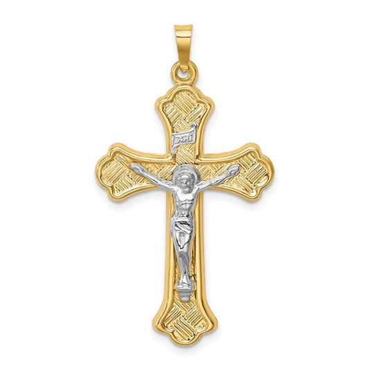 14k Two-tone Gold Hollow Polished Woven Fleur de Lis Crucifix Pendant