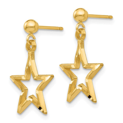 14k Yellow Gold Polished & Diamond-Cut Star Dangle Earrings