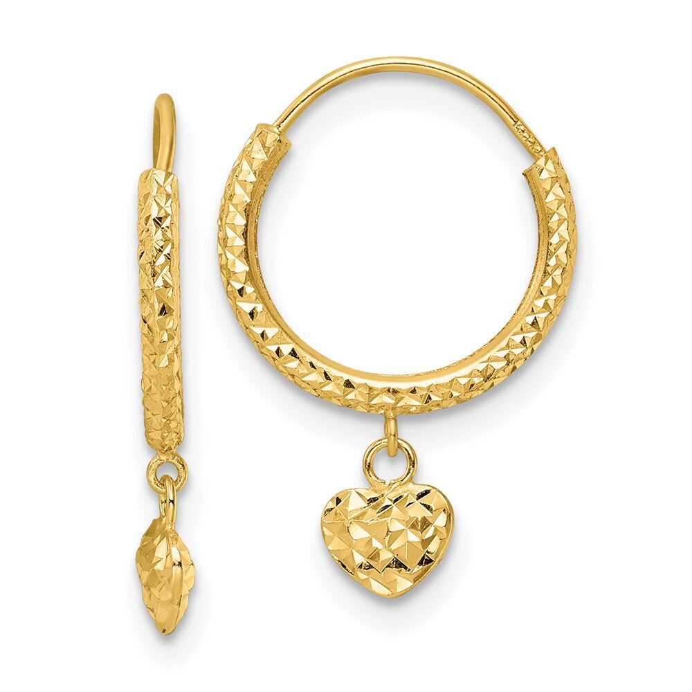 14k Yellow Gold Diamond-Cut Heart Hoop Earrings Gift for Women