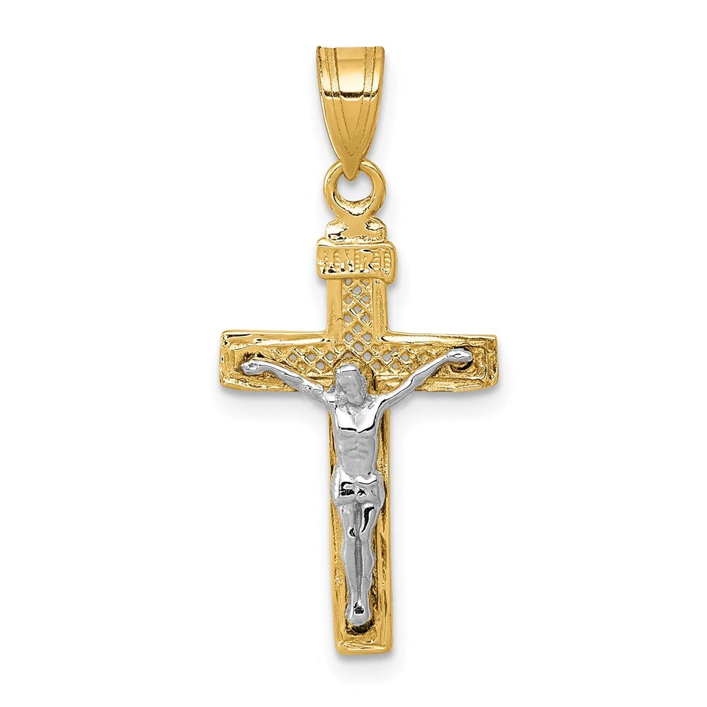 14k Two-tone Gold Diamond-cut Lattice Cross Crucifix Pendant