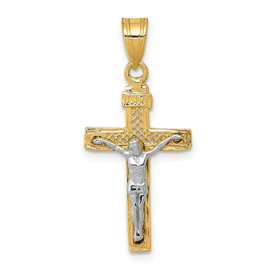 14k Two-tone Gold Diamond-cut Lattice Cross Crucifix Pendant