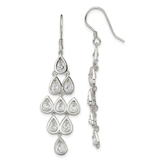 Sterling Silver Polished Fancy Pear Cubic Zirconia Ch&elier Dangle Earrings