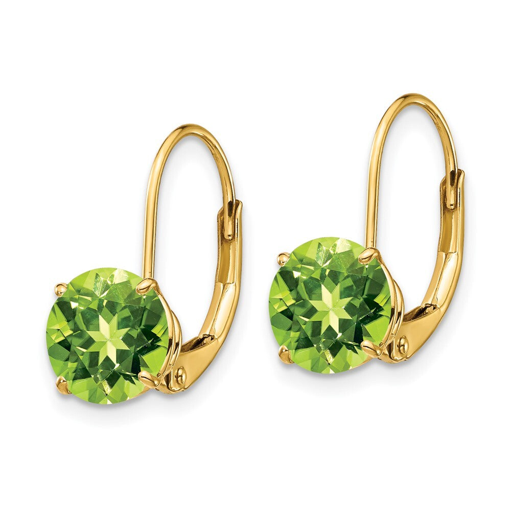 14k Yellow Gold 7mm Peridot Leverback Earrings Gift for Women