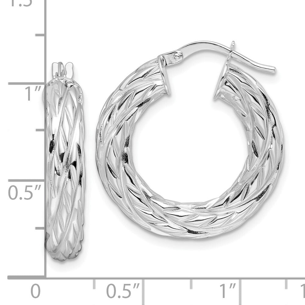 14k White Gold Polished 4.75mm Woven Texture Round Hoop Earrings Gift for Women